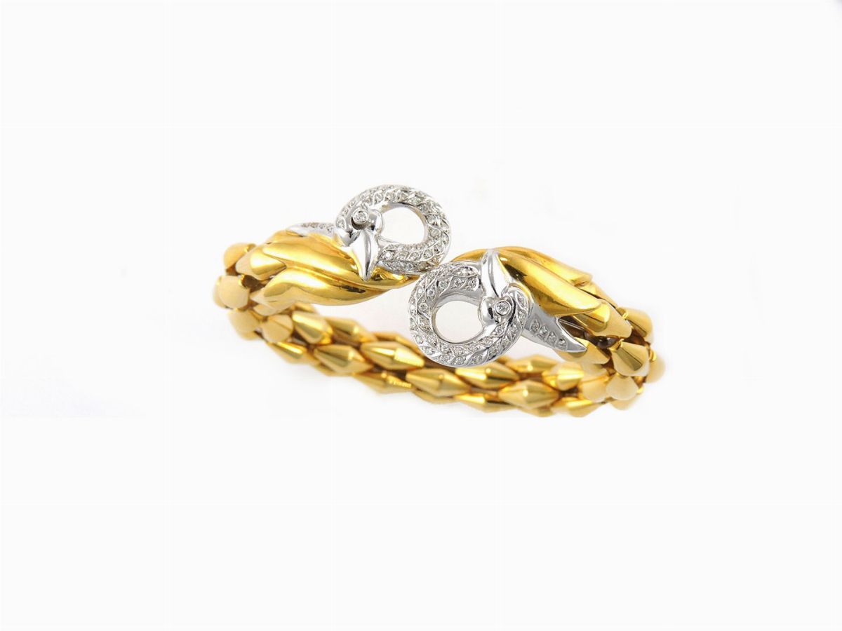 Demi Parure Collana e Bracciale Animalier "fope" in Oro Giallo e Bianco con Diamanti