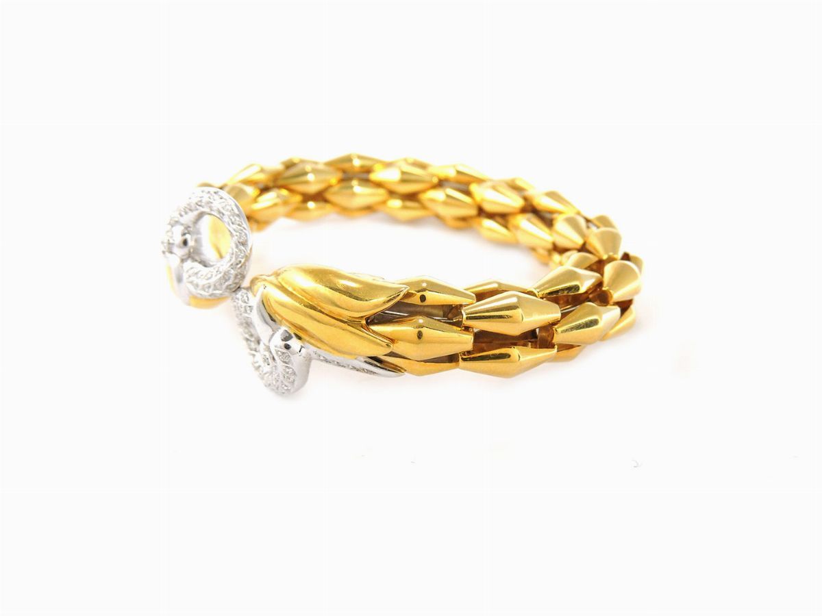Demi Parure Collana e Bracciale Animalier "fope" in Oro Giallo e Bianco con Diamanti