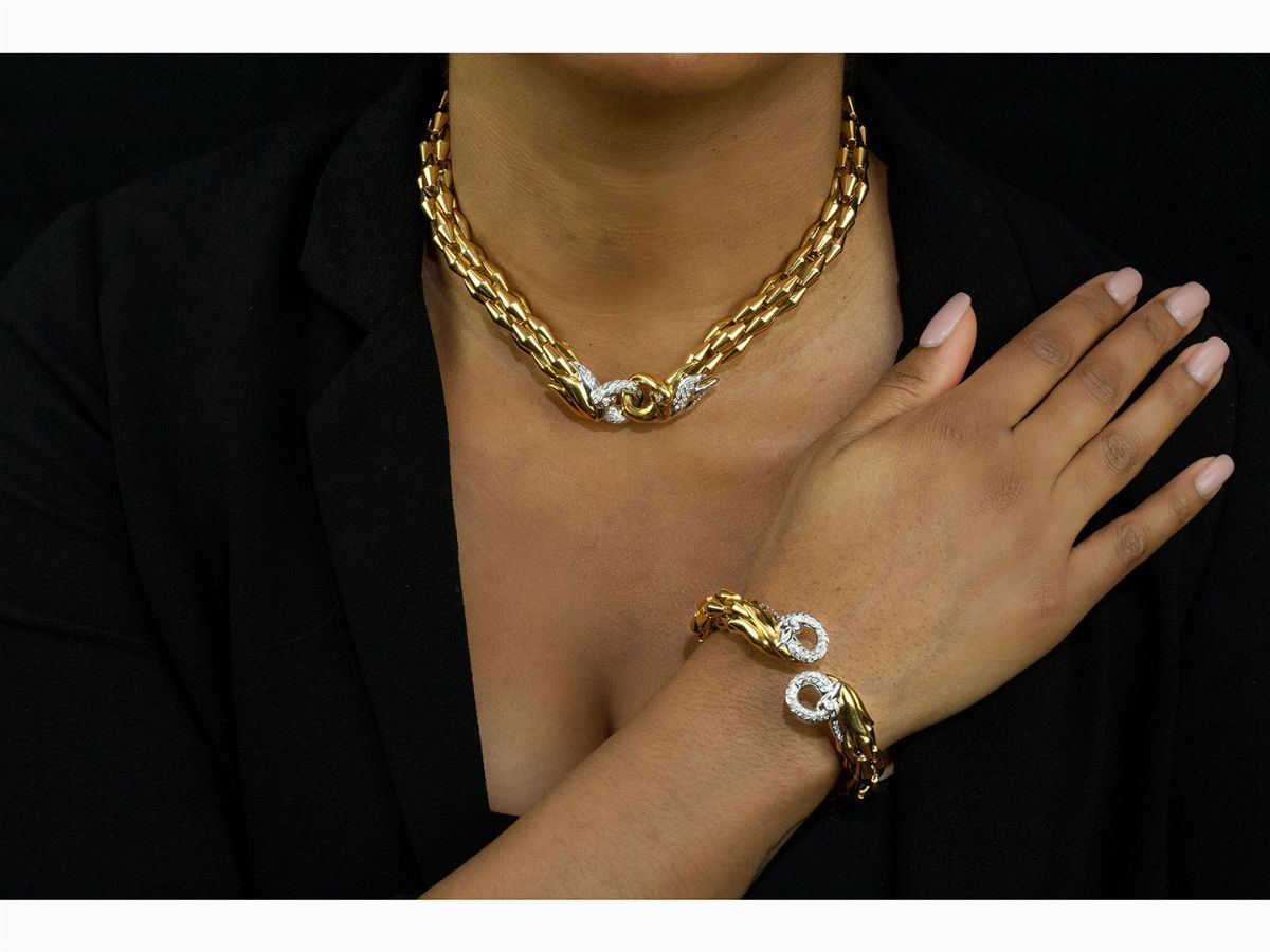 Demi Parure Collana e Bracciale Animalier "fope" in Oro Giallo e Bianco con Diamanti
