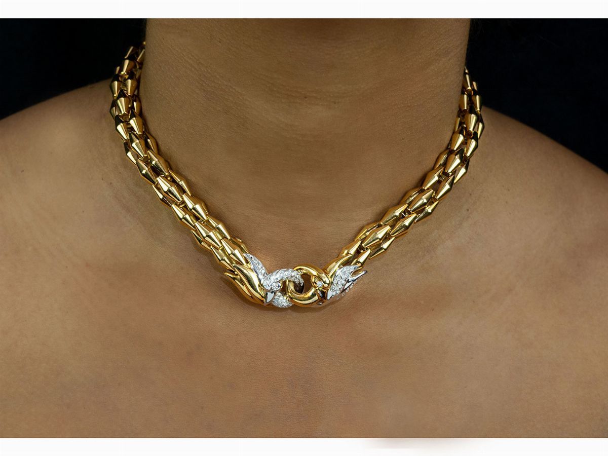 Demi Parure Collana e Bracciale Animalier "fope" in Oro Giallo e Bianco con Diamanti