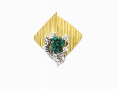 Spilla Pendente in Oro Giallo con Diamanti e Dioptasio Grezzo