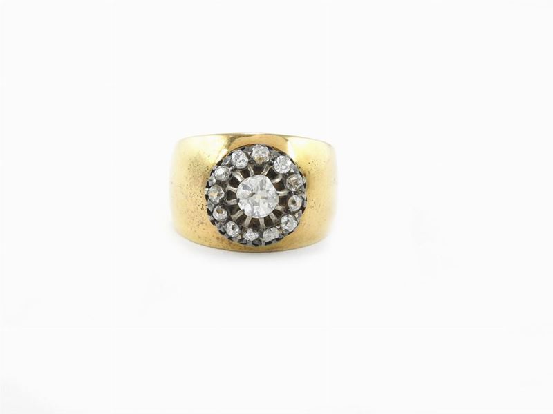 Anello a Fascia in Oro Giallo e Argento con Diamanti
