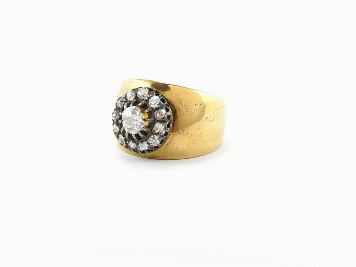 Anello a Fascia in Oro Giallo e Argento con Diamanti