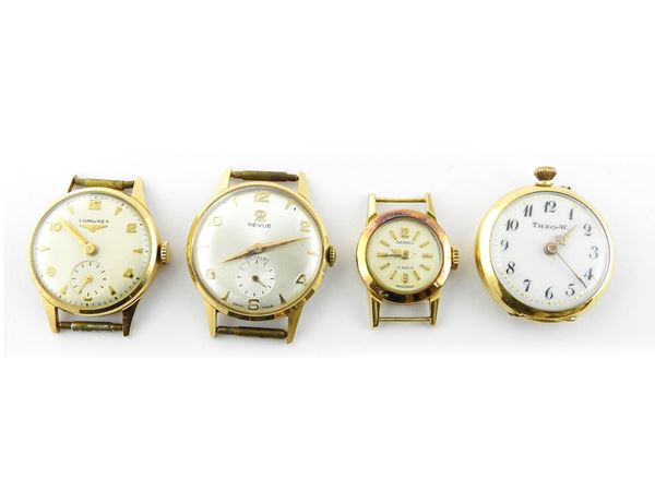 Tre orologi da polso per donna e un orologio da taschino in oro giallo
