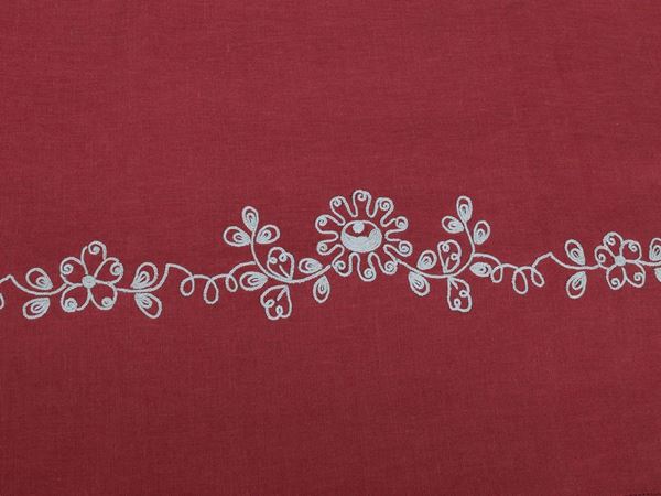Red embroidered linen tablecloth, florentine manufacture