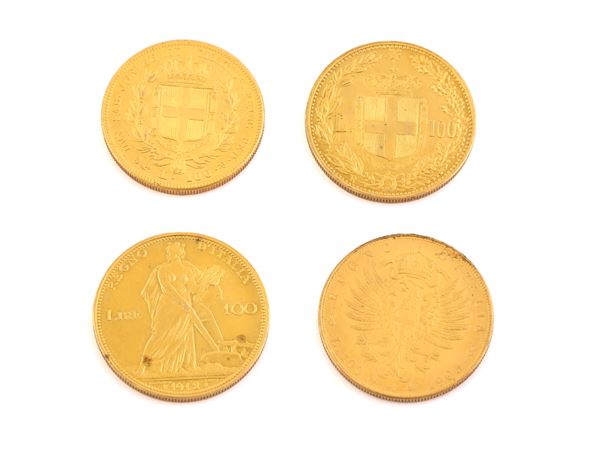 Quattro riproduzioni di monete italiane in oro a basso titolo