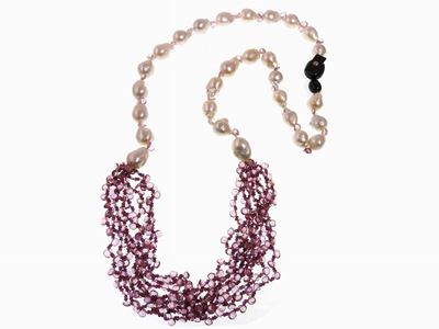 Collana di Perle Coltivate Barocche, Tormaline Rosa e Quarzi Ametista