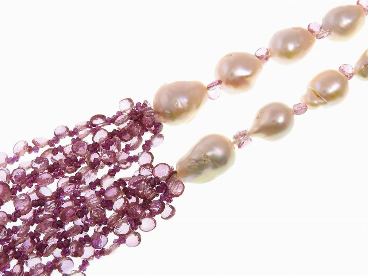 Collana di Perle Coltivate Barocche, Tormaline Rosa e Quarzi Ametista