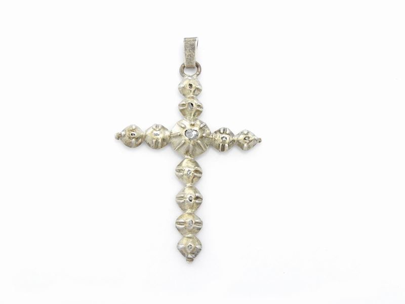Pendente a Croce in Argento e Oro a Basso Titolo con Diamanti
