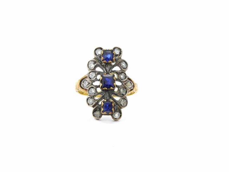 Anello in Oro Giallo e Argento con Zaffiri e Diamanti