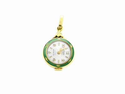 Piccolo Orologio da Taschino per Donna in Oro Giallo con Smalti Verdi