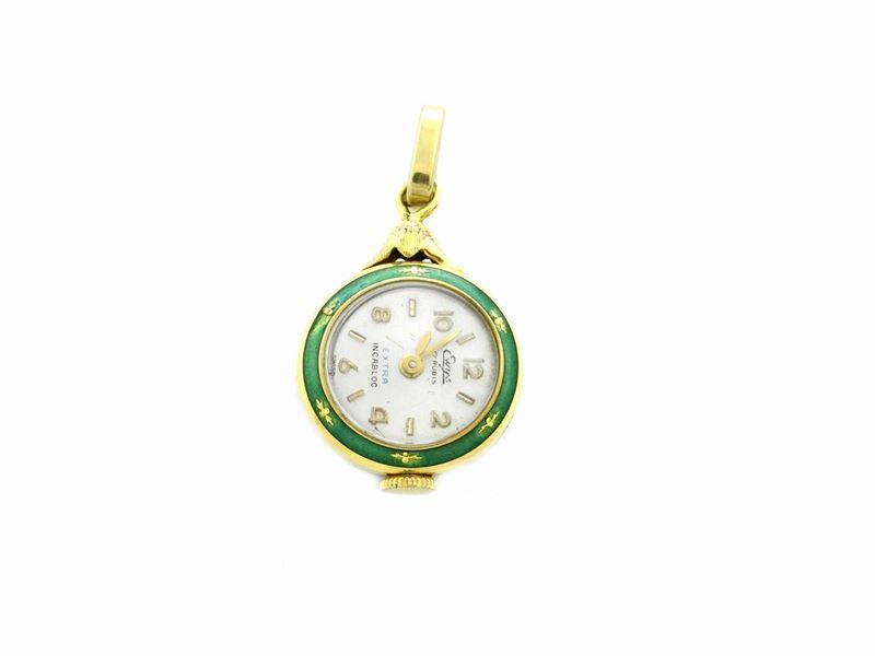 Piccolo Orologio da Taschino per Donna in Oro Giallo con Smalti Verdi