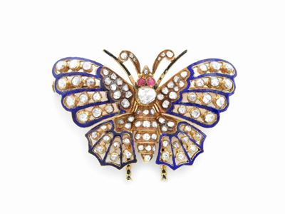 Spilla Animalier in Oro Giallo con Diamanti, Rubini e Smalti Blu