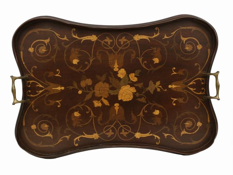 Guantiera in Satinwood Intarsiata in Varie Essenze con Motivi Floreali
