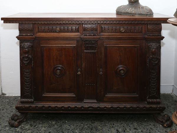 A walnut rinascimental style small sideboard  (early 20th century)  - Auction Furniture and paintings from florentine apartment - Maison Bibelot - Casa d'Aste Firenze - Milano