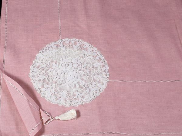Pink linen and lace tablecloth