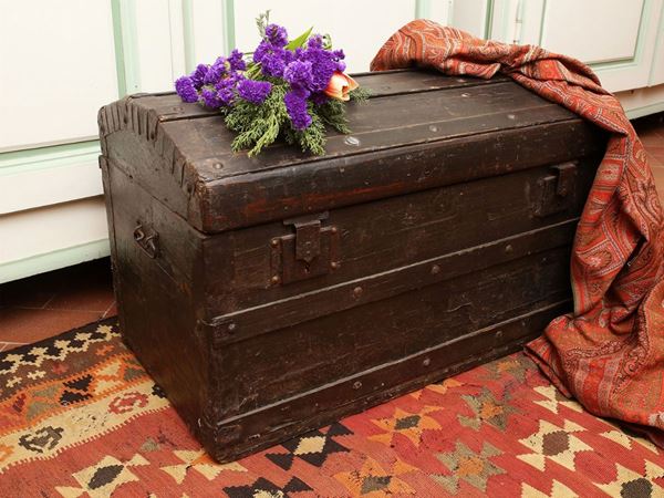 Vintage travel trunk in soft wood and metal