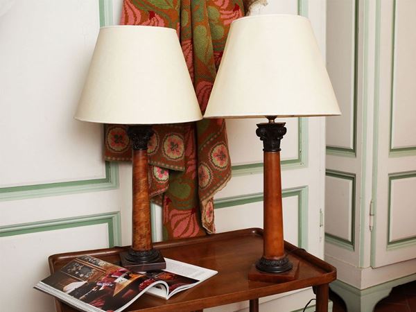 Pair of column lamps in red alabaster