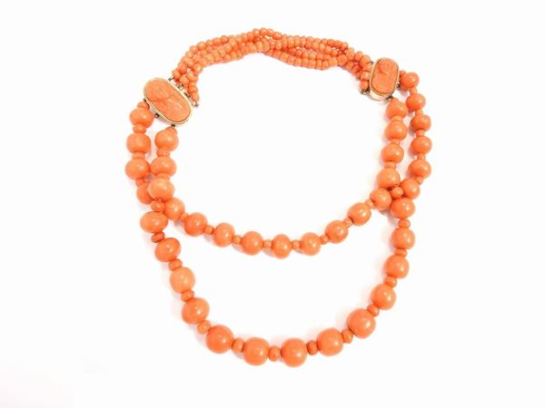 Red orange coral necklace with low alloy gold clasps