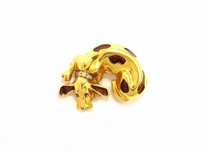 Spilla Animalier in Oro Giallo con Diamanti, Rubini e Smalti Policromi