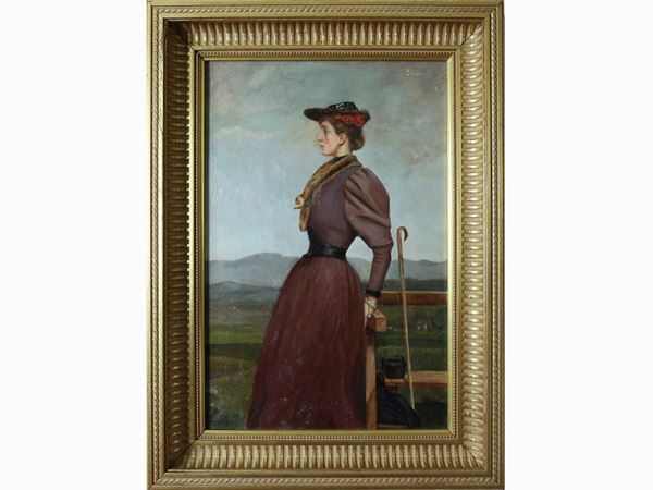 Scuola francese della fine del XIX secolo - Ritratto di signora in un paesaggio