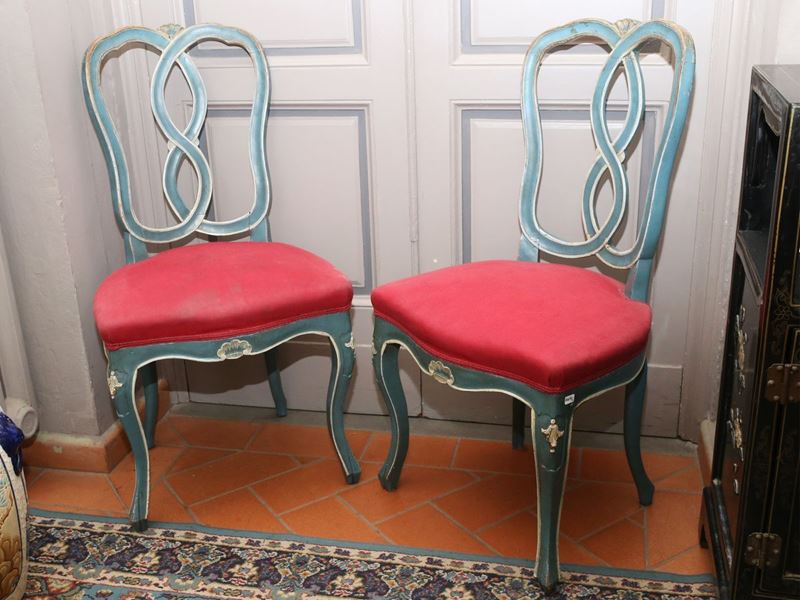 Coppia di Sedie in Legno Laccato Celeste