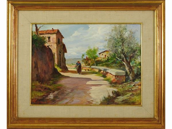 Aldo Affortunati : Country street with farmer  ((1906-1991))  - Auction The florentine house of a milanese collector: important glasses, objects of art and contemporary art - Maison Bibelot - Casa d'Aste Firenze - Milano