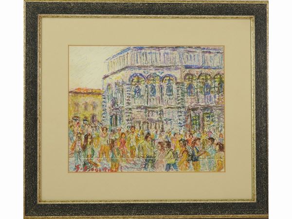 Guido Borgianni : View of the Baptistery with figures  ((1915-2011))  - Auction The florentine house of a milanese collector: important glasses, objects of art and contemporary art - Maison Bibelot - Casa d'Aste Firenze - Milano