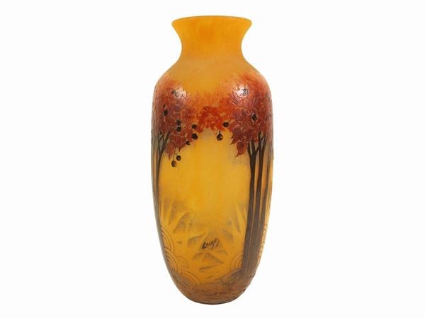 A Legras & Cie Saint Denis multy-layered glass orange vase decorated with polychrome enamelled trees