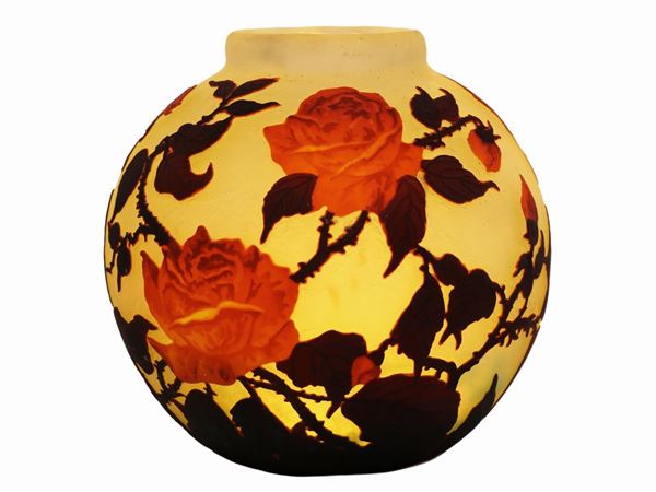 A Muller Frères cameo glass vase with red roses and leafage