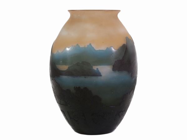 A E. Gallé acid cameo glass vase with lake of Como landscape