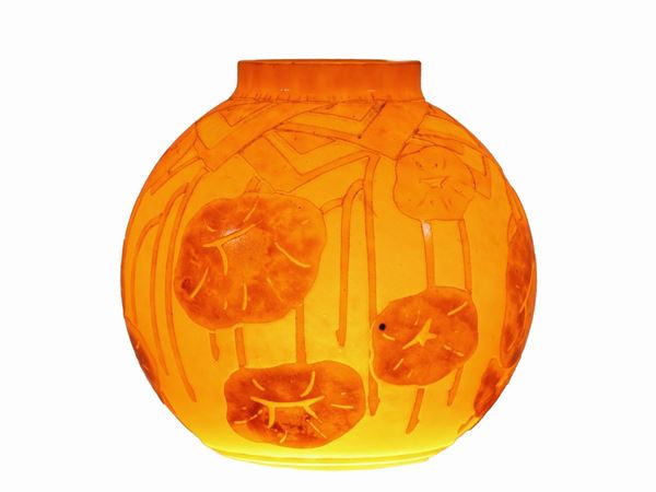 A Le Verre Français vase in opaline yellow glass overlaid with orange, pattern acid-etched