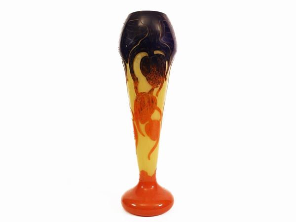 A Le Verre Français yellow glass overlaid with orange changing to blue at the top,pattern acid-etche