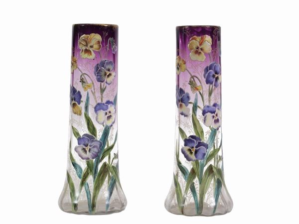 A pair of Mont Joye enamelled vases with panse flower.