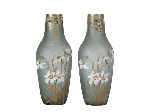Pair of enamelled Legras vases with daffodils in relief