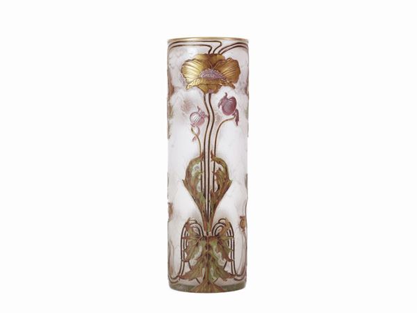 An enamelled glass Legras vase with pooppies flowers in gold.