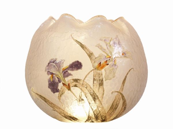 A blown enamelled Legras vase with iris retouched in gold