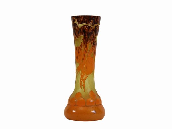 A Le Verre Français yellow glass vase overlaid with orange to violet and green, pattern acid-etched