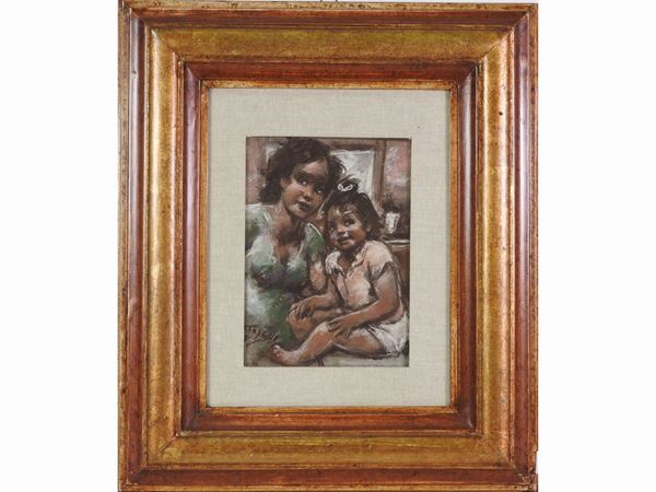 Ermanno Toschi : Donna con bambina  ((1906-1999))  - Asta Arredi, Dipinti e Curiosità da Collezioni Private - Maison Bibelot - Casa d'Aste Firenze - Milano