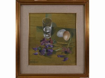 Natura Morta con Bicchiere, Uova e Fiori 1969