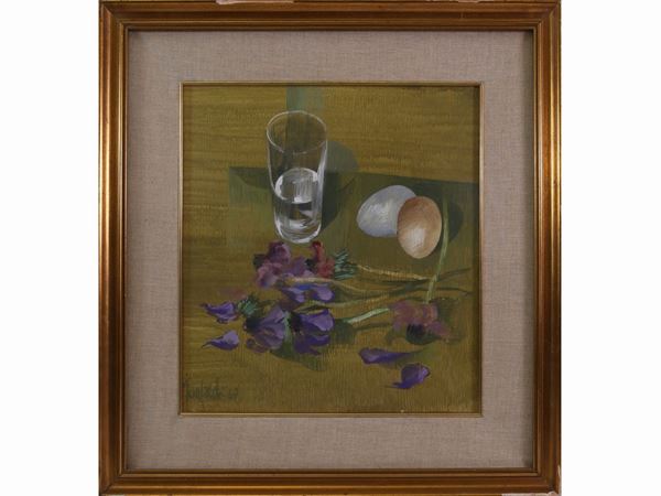 Giuseppe Manfredi - Still life with glass, eggs and flowers 1969