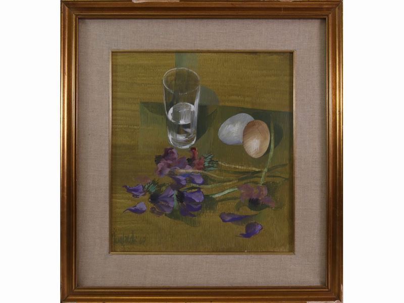 Giuseppe Manfredi - Natura Morta con Bicchiere, Uova e Fiori 1969