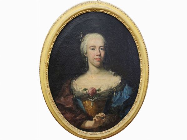 Pittore tedesco o austrico - Ritratto di dama con rosa appuntata sulla veste e pendenti con perle a goccia
