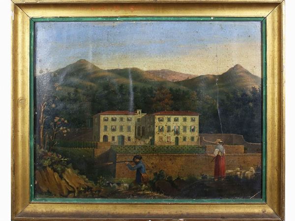 Scuola toscana del XIX secolo - View of a villa with farmer and hunter
