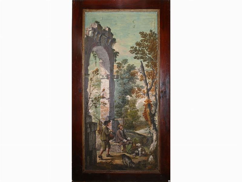 Giuseppe Zocchi - Rovine con Coppia di Cacciatori e Cani