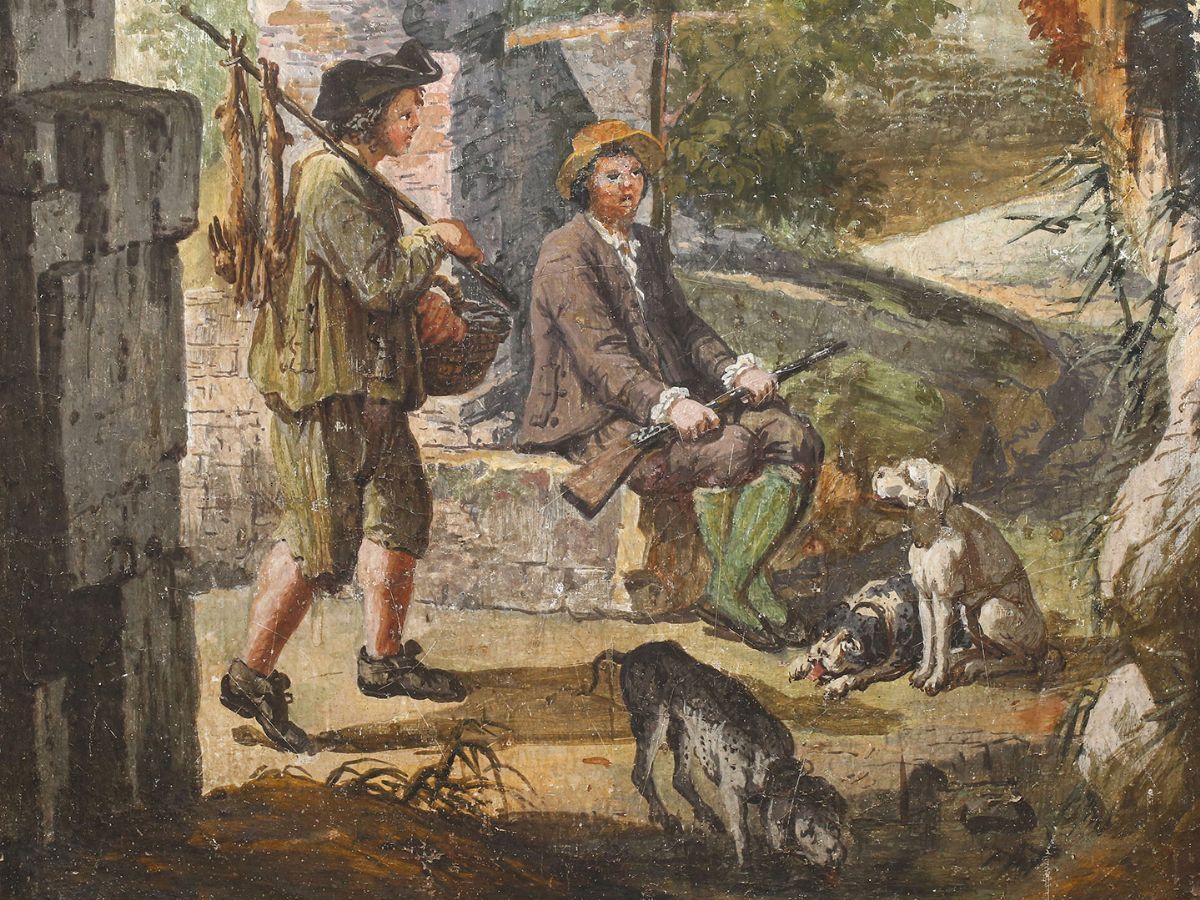 Giuseppe Zocchi - Rovine con Coppia di Cacciatori e Cani