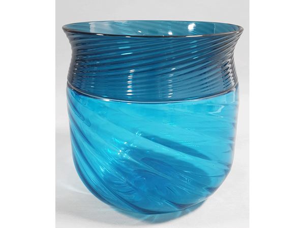 An incalmo trasparent and sea water colour glass vase. Signed Venini Italia. Original label