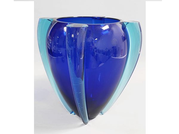 An Alboino Venini blue vase with sea water lateral bands. Signed Venini 2002 Tina Aufiero
