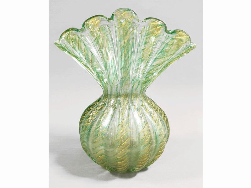 Vaso in Vetro Verde Cordonato in Oro, Barovier & Toso Attribuito