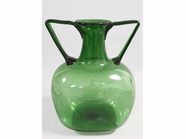 A blown green Empoli glass vase with two big handle